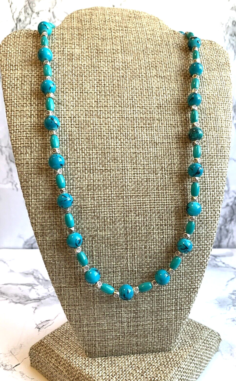 Y2K Robin's Egg Blue Beaded Necklace Silver Tone Accents Dainty Stackable 16"